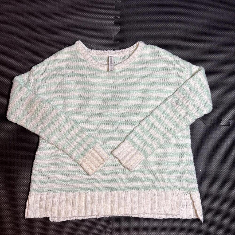 White Green Chunky-Knit V-Neck Pullover Sweater Long Sleeve S Women's Classic